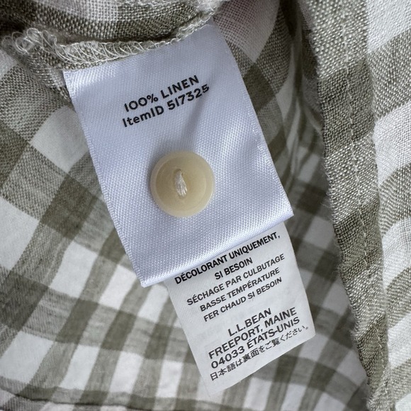 L.L.Bean Signature Linen Split-Neck Shirt Size Medium Green Gingham - Picture 6 of 7